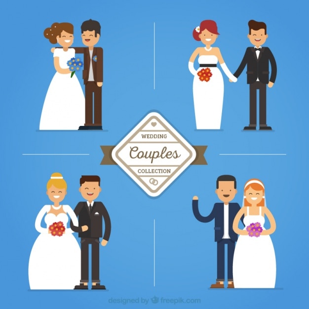 Vector gratuito 4 parejas de boda, fondo azul