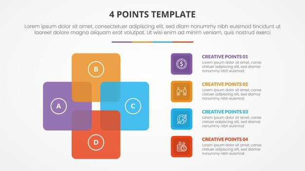 4 puntos lista de etapas plantilla concepto infográfico para presentación de diapositivas con venn mezcla ciclo de forma cuadrada con estilo plano