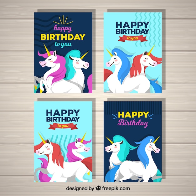 4 tarjetas de cumpleaños con unicornios