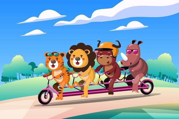 4 tipos de animales tigre león toro rinoceronte andar en bicicleta para ver el paisaje ambiente fresco en medio del bosque ilustración de diseño de vector plano