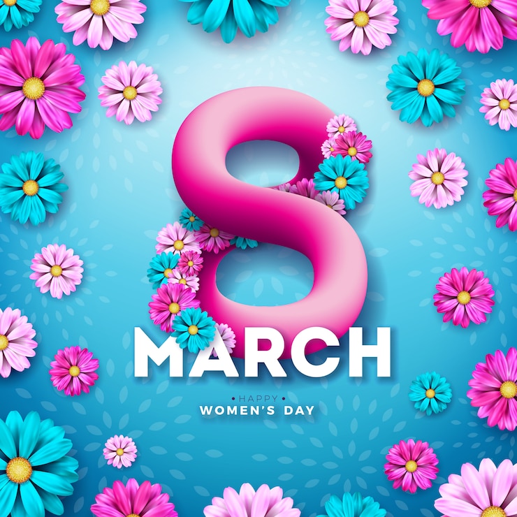 Vector gratuito 8 de marzo. diseño de celebración del día de la mujer con flor y letra de tipografía