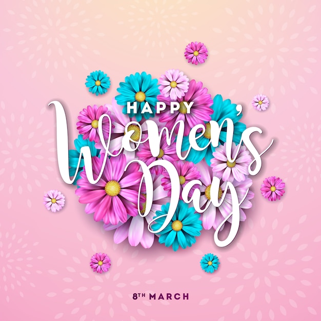 8 de marzo. tarjeta de felicitación floral feliz día de la mujer. ilustración de vacaciones internacionales con diseño de flores sobre fondo rosa.