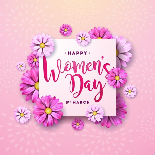 8 de marzo. Tarjeta de felicitación floral feliz día de la mujer. Ilustración de vacaciones internacionales con diseño de flores sobre fondo rosa.