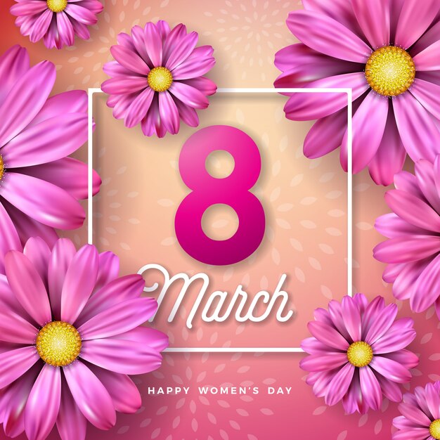 8 de marzo. Tarjeta de felicitación floral feliz día de la mujer. Ilustración de vacaciones internacionales con diseño de flores sobre fondo rosa.