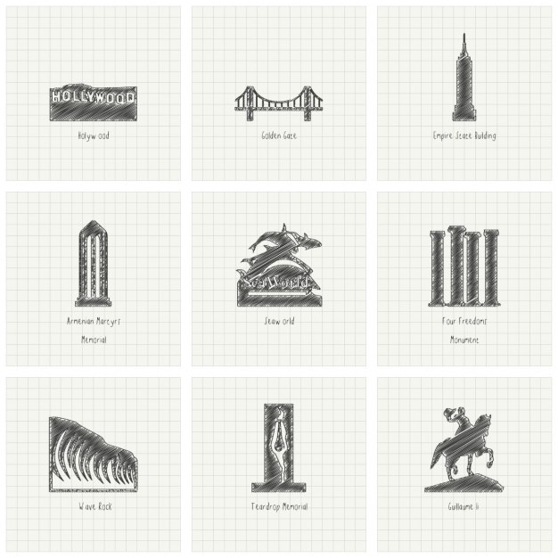 Vector gratuito 9 bocetos de monumentos