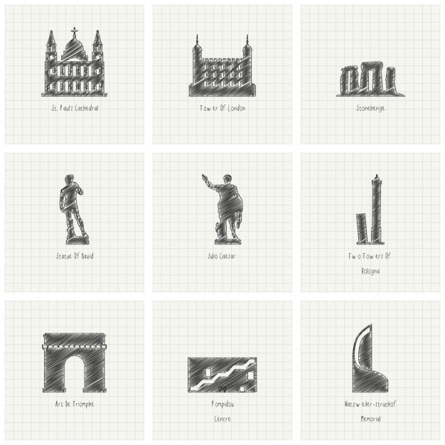 Vector gratuito 9 monumentos, dibujados a mano