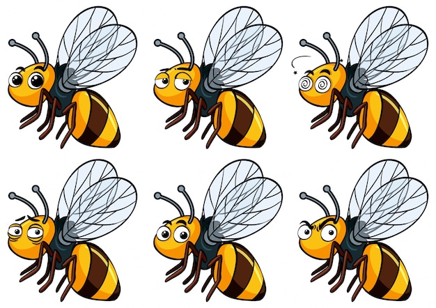 Vector gratuito abeja con diferentes expresiones faciales