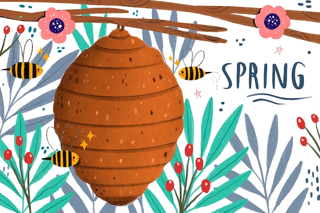 Vector gratuito las abejas y la miel se acerca la primavera