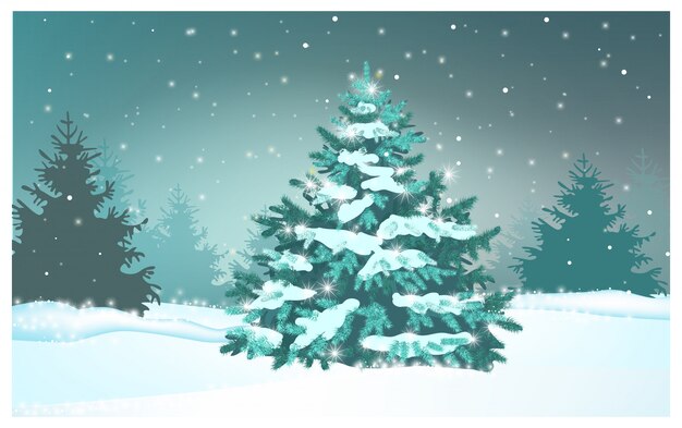 Abeto verde en ilustración de bosque de invierno