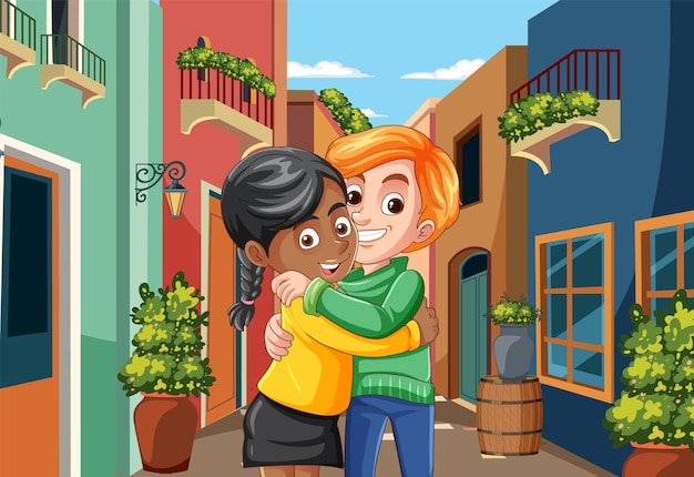 Vector gratuito un abrazo amistoso en un callejón colorido