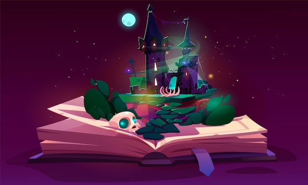 Abre el libro de cuentos de hadas con la casa de brujas espeluznante mágica