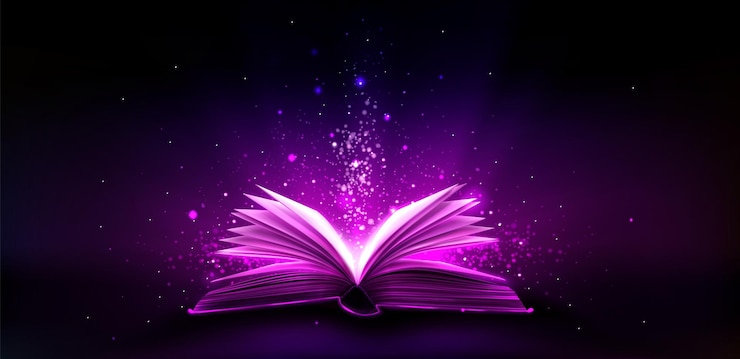 Vector gratuito abre un libro mágico que irradia una luz rosada brillante
