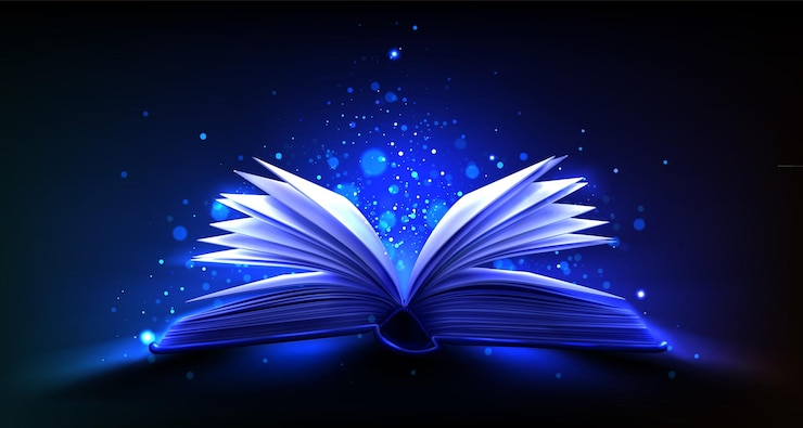 Vector gratuito abre un libro mágico con un vector de luz azul de fantasía