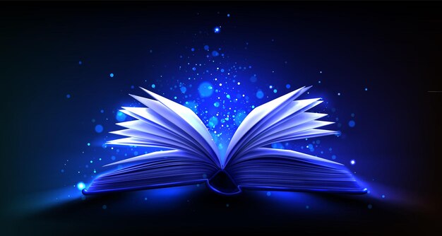 Abre un libro mágico con un vector de luz azul de fantasía