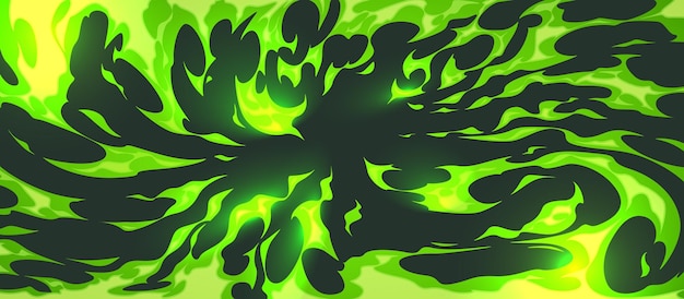 Vector gratuito abstracto líquido verde neón salpicado sobre fondo negro ilustración de dibujos animados vectoriales de sustancias venenosas tóxicas derrame de espacio explosión nuclear magia hechizo energía salpicaduras de limo pegajoso