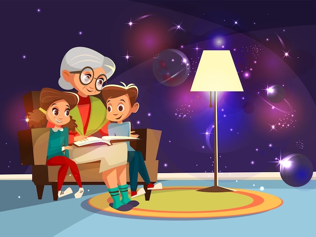 Abuela de dibujos animados leyendo astrofísica, cosmos libro de ciencia espacial