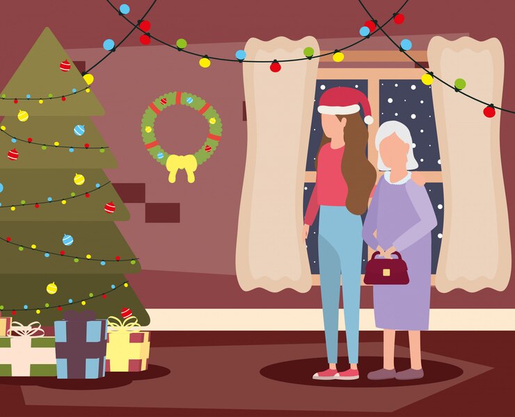 Vector gratuito abuela e hija en el salón con decoración navideña