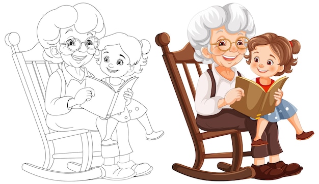 La abuela le lee una ilustración a su nieto