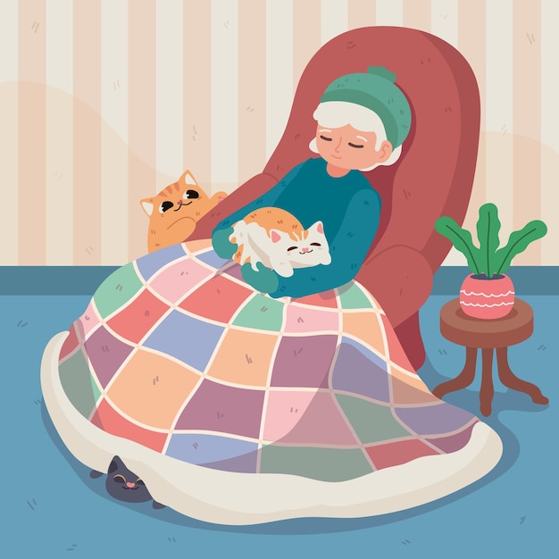 Vector gratuito abuela con sus gatos en una silla