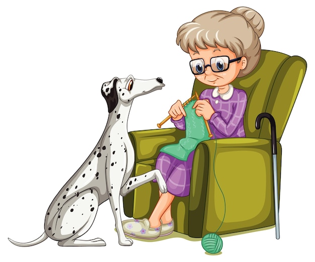 Abuela tejiendo con perro dálmata