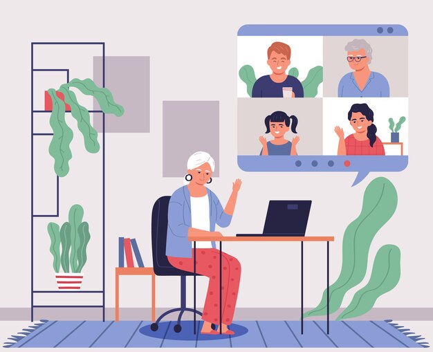 Abuela usando una computadora portátil para comunicarse con su familia a través de una videollamada ilustración plana