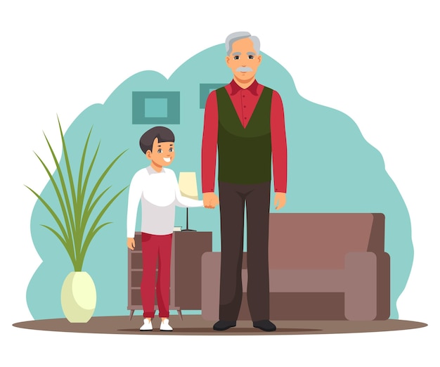 Vector gratuito abuelo feliz con un niño en casa hombre cogido de la mano con el abuelo del niño que se preocupa por la sala de estar del nieto con el interior del sofá