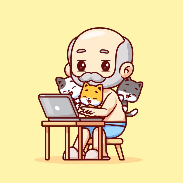 El abuelo lindo trabajando en la computadora portátil con gato dibujos animados icono vectorial ilustración gente tecnología plana