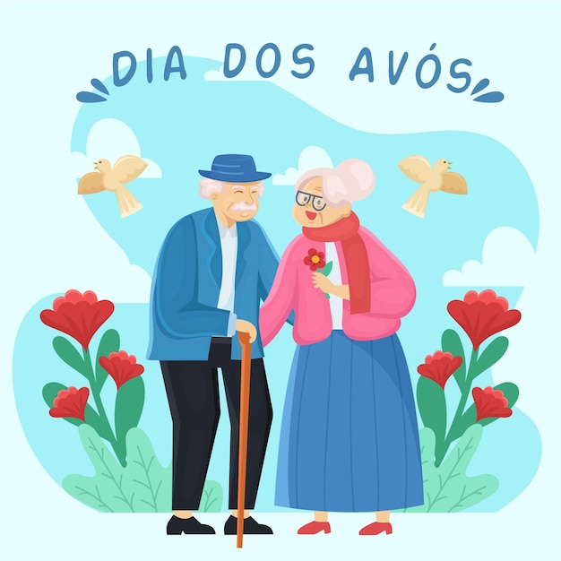 Vector gratuito abuelos lindos pareja y flores rojas