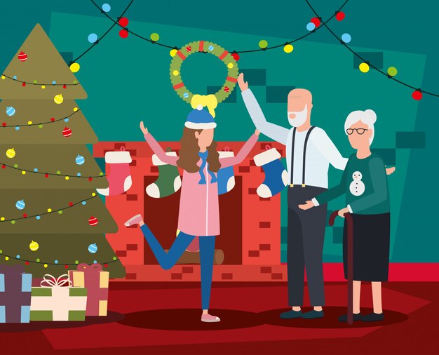 Abuelos con nieta con decoración navideña