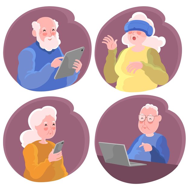 Abuelos usando varios dispositivos digitales.