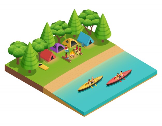 Acampar senderismo composición isométrica con carpa en el lago y turistas en barcos vector ilustración