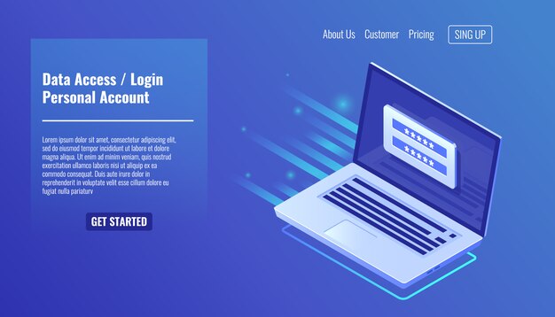 Acceso a datos, formulario de inicio de sesión en la pantalla del portátil, cuenta personal, proceso de autorización