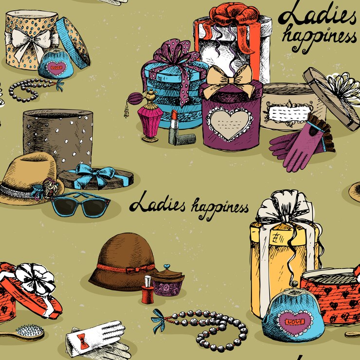 Vector gratuito accesorio de mujer sin costuras con cajas de regalo.