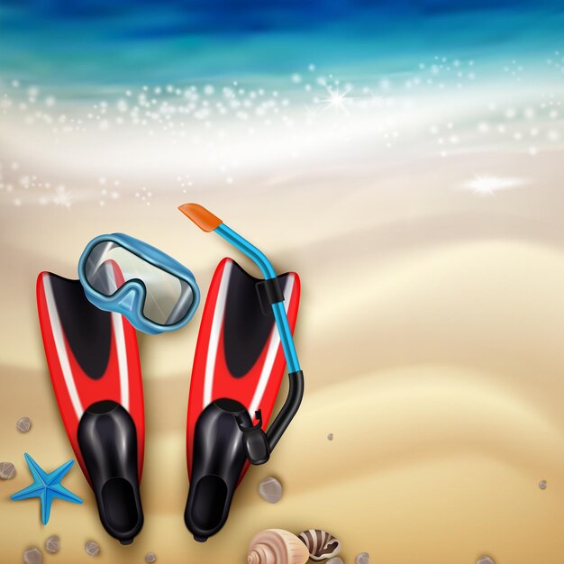 Accesorios de buceo en la playa tropical de arena realista vista superior con aletas máscara de snorkel criaturas marinas