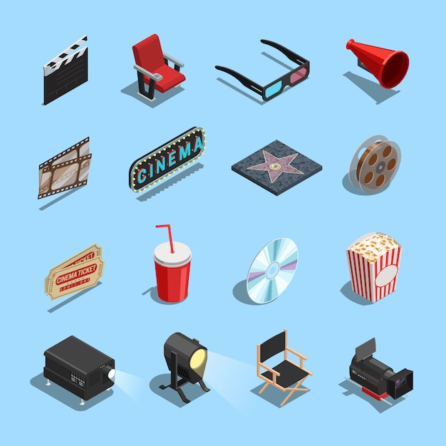 Vector gratuito accesorios de cine de cine colección de iconos isométricos