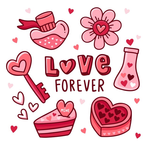 Accesorios dibujo estilo de dibujos animados Elemento de objeto para la tarjeta de San Valentín con ilustración de vector de diseño plano de dibujos animados de texto