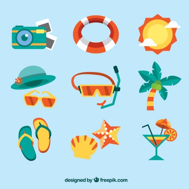Accesorios y elementos de verano en diseño plano