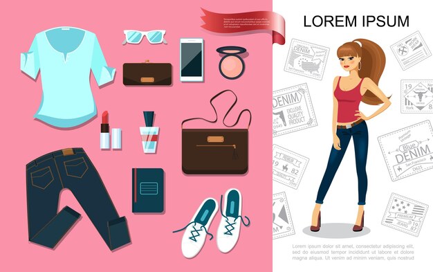 Accesorios de moda planos con mujer bonita con camisa, jeans, zapatos e ilustración de elementos de moda femenina