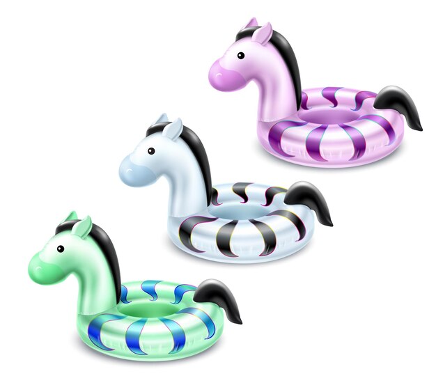 Accesorios de natación inflables conjunto coloreado de anillos de vida aislados en forma de pony ilustración realista