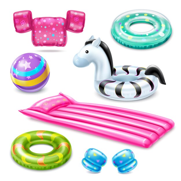 Accesorios de natación inflables para niños que consisten en manguitos de aros salvavidas de colchón de aire y pelota aislada en ilustración vectorial realista de fondo blanco