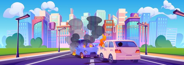 Accidente automovilístico en una carretera de la ciudad cerca de edificios altos