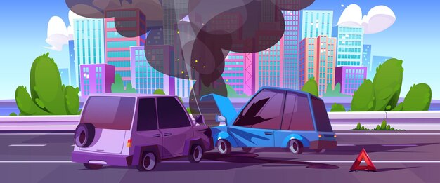 Accidente automovilístico en la carretera en la ciudad colisión frontal y choque de dos automóviles Ilustración vectorial de dibujos animados de vehículos rotos con capuchas humeantes arrugadas en la carretera en la ciudad Accidente de coche en la calle