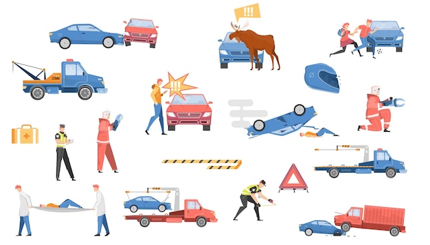 Accidente automovilístico con símbolos de ayuda ilustración vectorial aislada plana