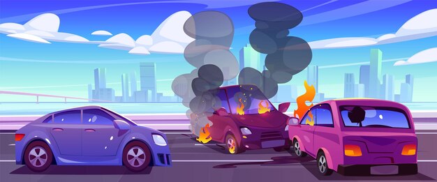 Accidente de coche en la autopista contra el fondo de la ciudad Ilustración de dibujos animados vectoriales de un accidente de tráfico con dos autos destrozados quemando fuego y humo por encima de los capuchones dañados Paisaje urbano moderno a través del río cielo azul