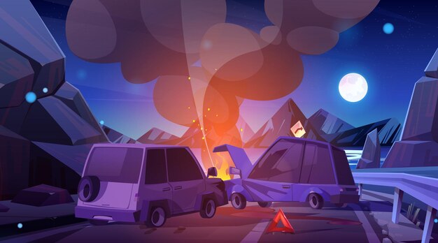 Accidente de coche nocturno en el tráfico de la carretera de montaña ilustración vectorial Accidente automovilístico y daños en el concepto de carretera carretera Colisión de dos vehículos golpeado con humo y fuego fondo de pancarta oscura
