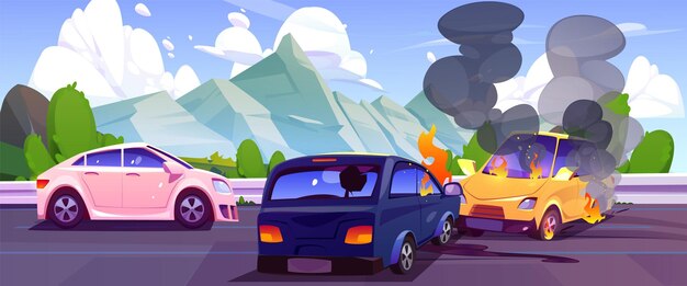 Accidente de coche en vector de tráfico de carretera de montaña Incidente de daños por aplastamiento automático en concepto cómico de carretera Parachoques de automóvil golpeado y roto con fuego y humo Gráfico de desastre de peligro de transporte