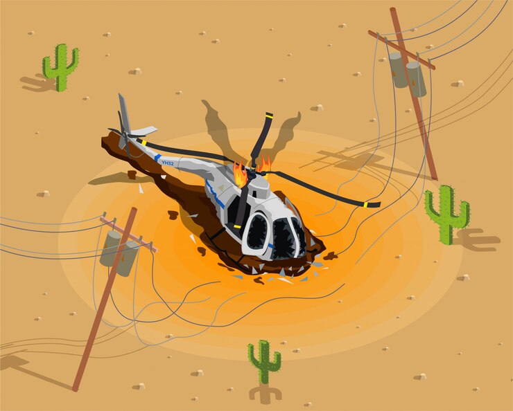 Vector gratuito accidente isométrico de helicópteros de avión con ilustración de paisaje desértico