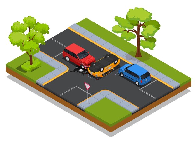 Accidente de tráfico 3 vehículos colisión accidente de carretera con coche volcado aterrizado boca abajo ilustración vectorial isométrica