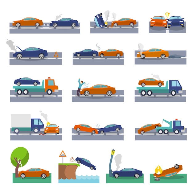 Accidente de tráfico y accidentes iconos conjunto con colisión fuego inundación seguros eventos ilustración vectorial