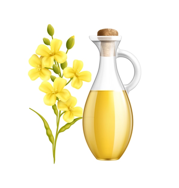 Aceite de mostaza en frasco de vidrio y flores ilustración vectorial realista
